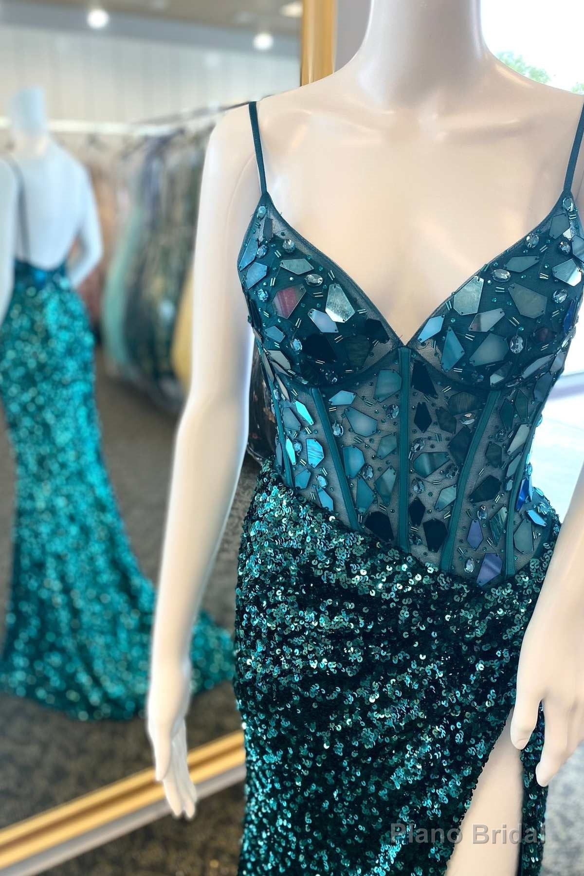 Hunter Green Sequin Cut Glass Mirror Long Prom Dress with Slit Main image