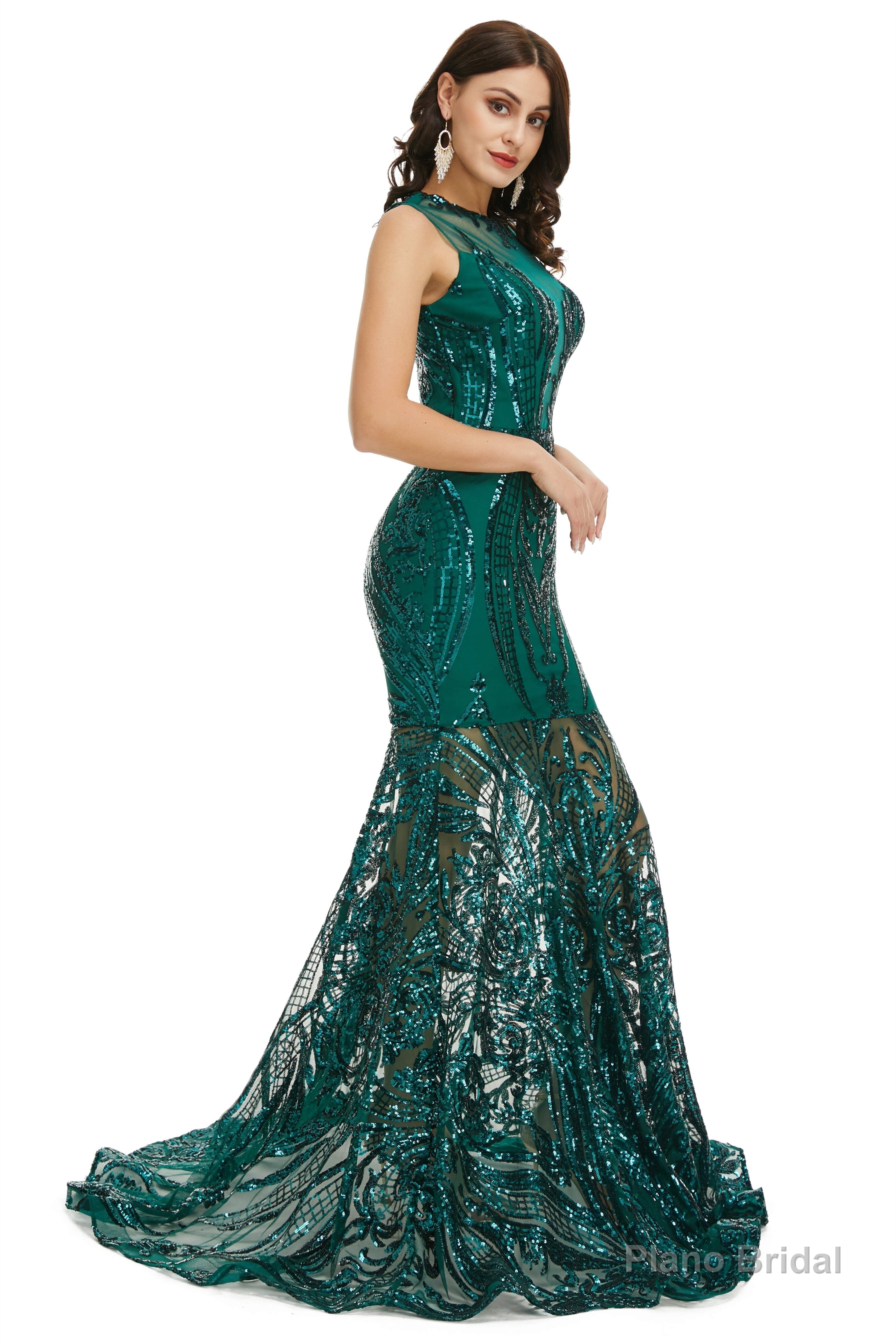 Sequins Sleeveless Floor Length Crew Neck Prom Dresses