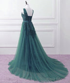 Hunter Green Tulle V-neckline Long Party Dress, Dark Green A-line Prom Dress