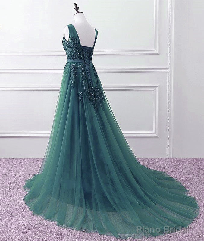 Hunter Green Tulle V-neckline Long Party Dress, Dark Green A-line Prom Dress