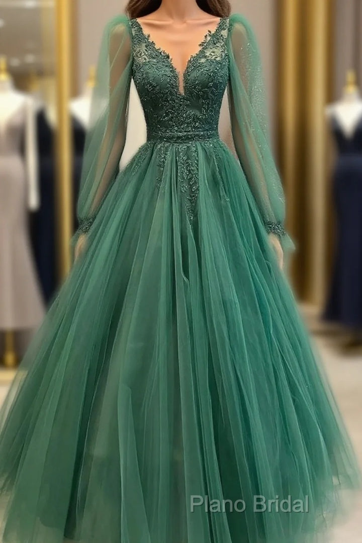 Hunter Green V-Neckline Tulle With Lace Applique Party Dresses, Green Formal Dresses