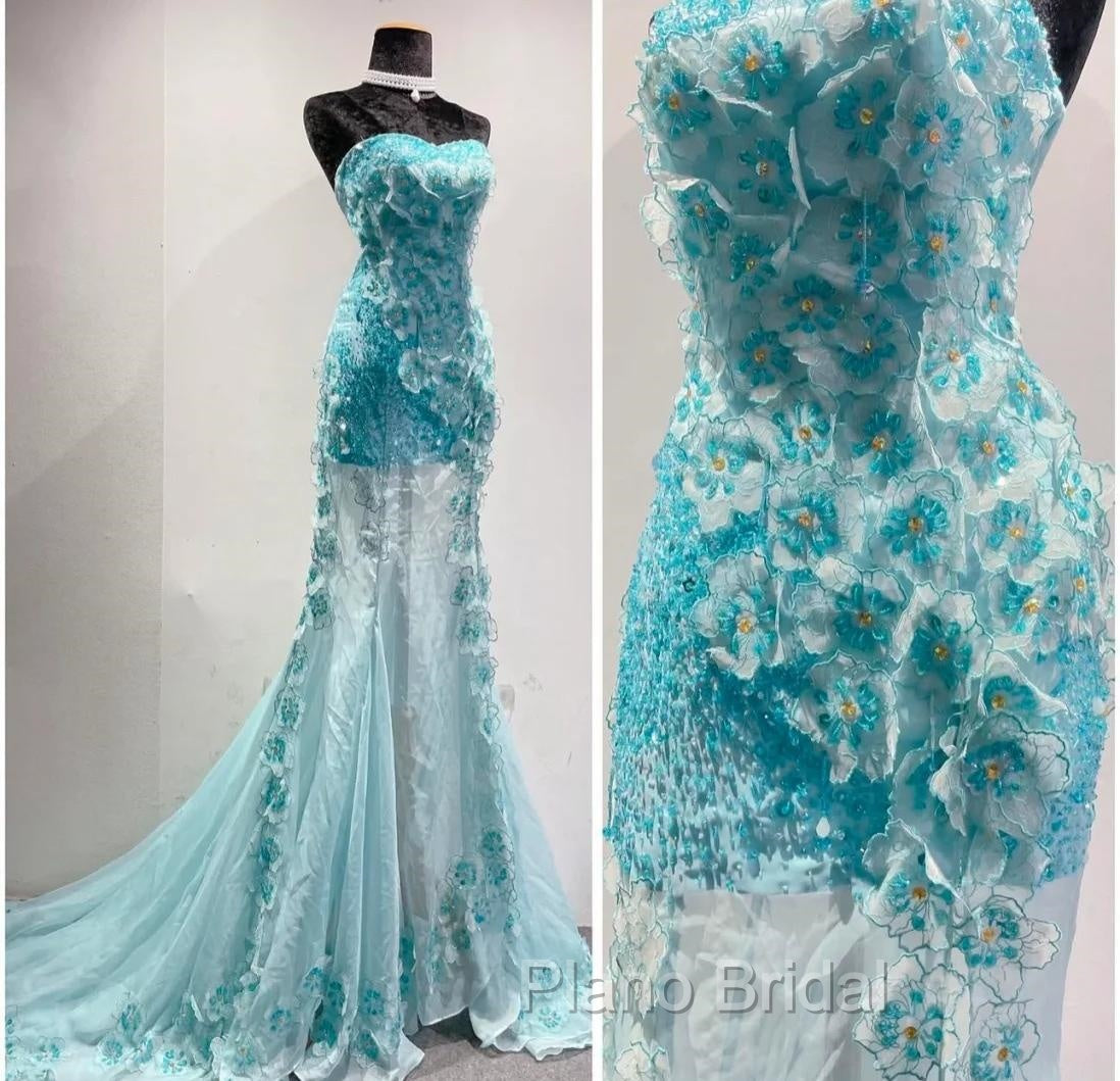 Ice Blue Ombre Mermaid Strapless Chiffon Long Wedding Dresses With Appliques And Beading Formal Formal Prom Dresses