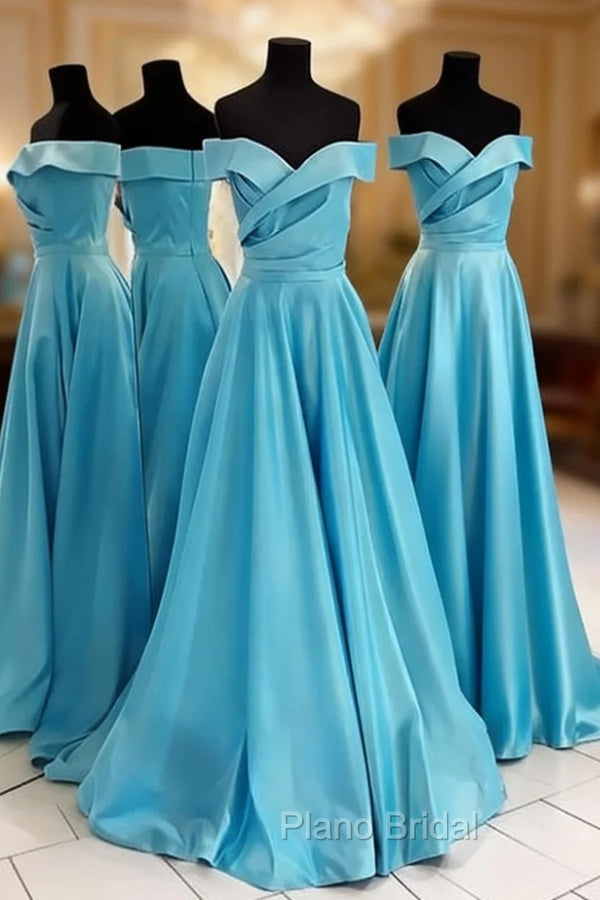 Ice Blue Formal Prom Dresses, A-line/Princess Off-the-Shoulder Sleeveless Sweep Train Satin Formal Prom Dresses Main image