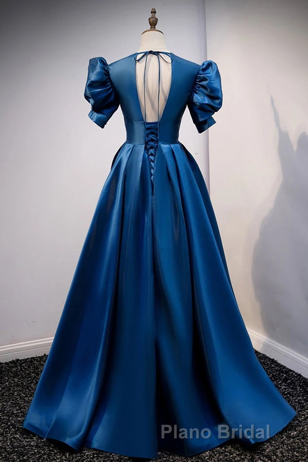 Blue V Neck Satin Short Sleeves Long Formal Prom Dresses Blue Satin Evening Dresses