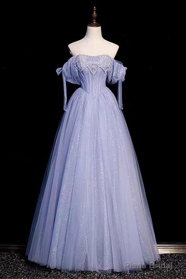 A-line Blue Sweetheart Neck Tulle Long Prom Dress, Blue Formal Evening Dresses Main image