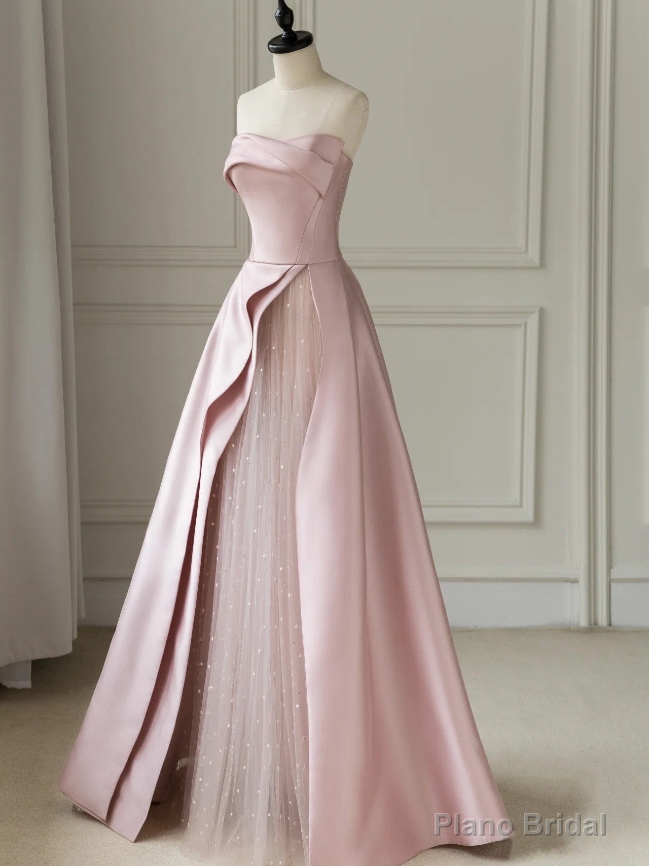 Pink Sleeveless Satin A-Line Floor-Length Prom Dress Slit with Tulle Strapless Secondary image