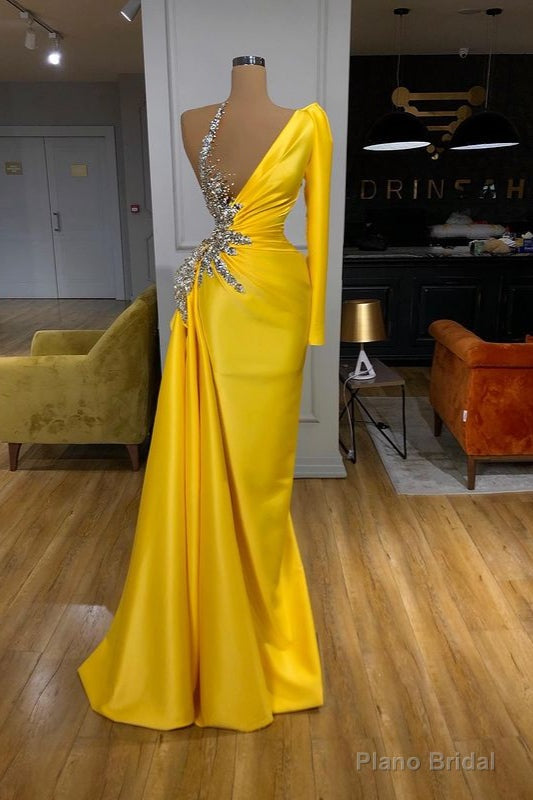 Illusion neck Bright Yellow One shoulder Bubble Sleeves Prom Dress Main image