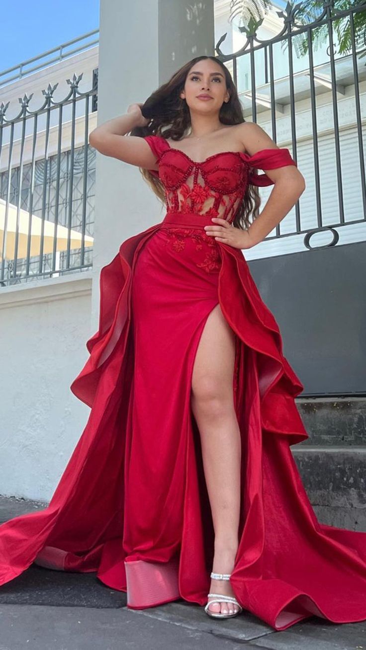 Illusion Off The Shoulder Red Floral Beaded Formal Prom Formal Evening Dresses