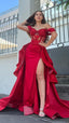 Illusion Off The Shoulder Red Floral Beaded Formal Prom Formal Evening Dresses
