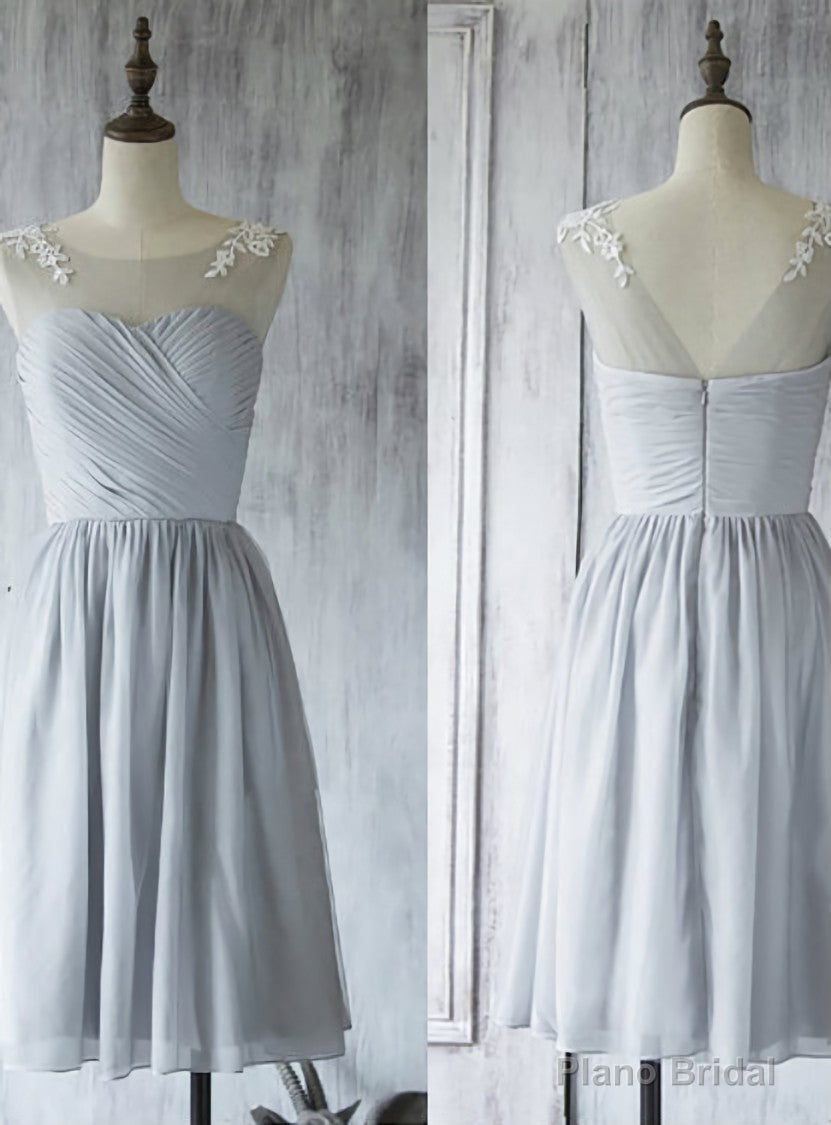 Illusion Short Bridesmaid Dress Light Gray Bridesmaid Gown with Lace Appliques Main image
