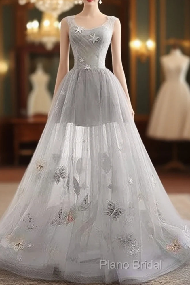 Illusion Tulle Short A-Line Gray Formal Prom Dresses, Main image