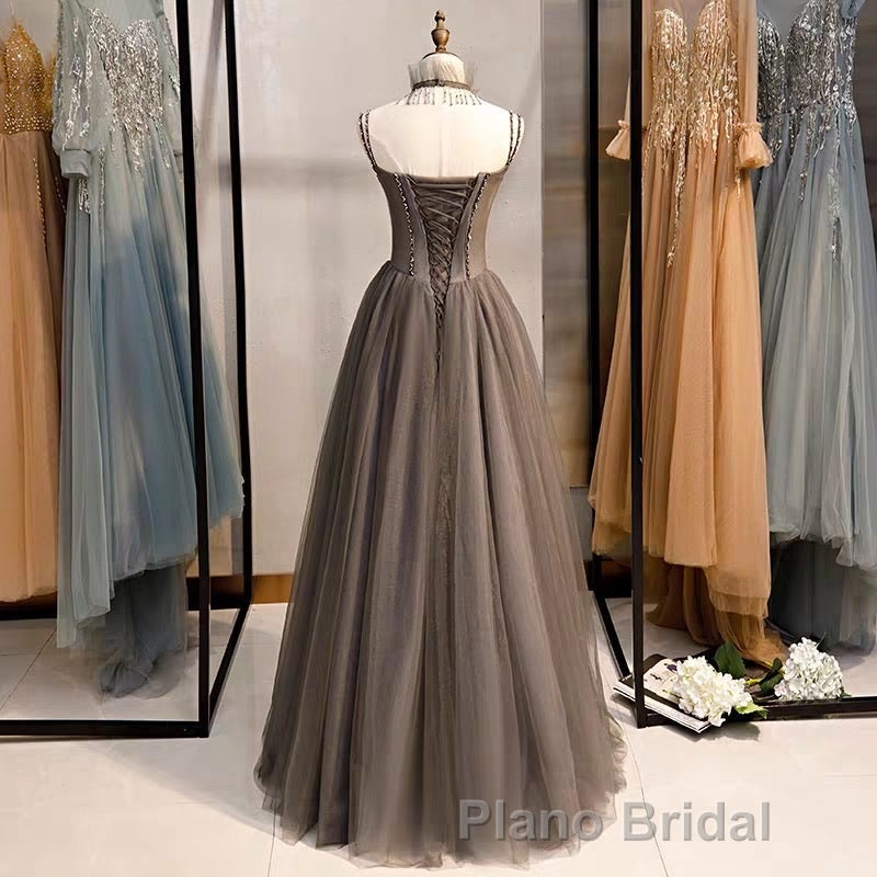 A-Line Formal Prom Dresses Open Back Dresses Formal Wedding Party Floor Length Sleeveless Spaghetti Strap Tulle with Pleats