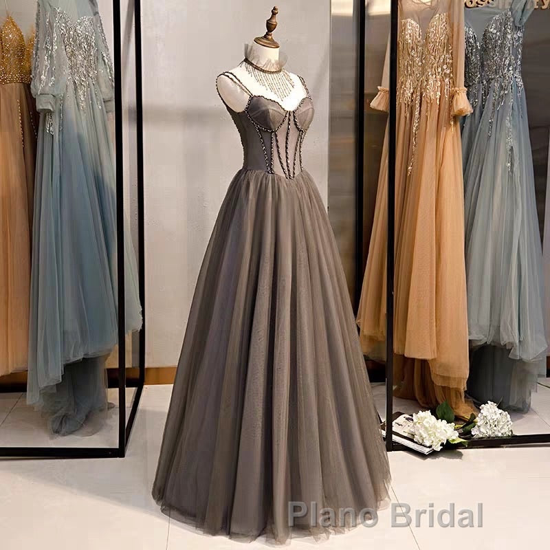 A-Line Formal Prom Dresses Open Back Dresses Formal Wedding Party Floor Length Sleeveless Spaghetti Strap Tulle with Pleats Secondary image
