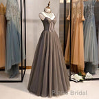 A-Line Formal Prom Dresses Open Back Dresses Formal Wedding Party Floor Length Sleeveless Spaghetti Strap Tulle with Pleats