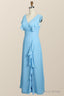 Blue Chiffon Ruffles Long Bridesmaid Dress
