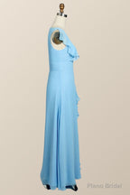 Blue Chiffon Ruffles Long Bridesmaid Dress