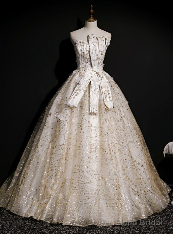 Individually Cut Gold Ball Gown Tulle Sequins Strapless Quinceanera Dress With Veil Main image