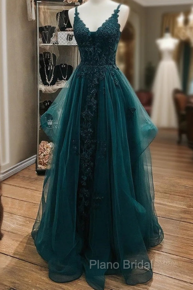 Ink Blue Formal Prom Dresses, A-line V Neck Sleeveless Lace Tulle Long/Floor-Length Formal Prom Dresses With Beading Main image