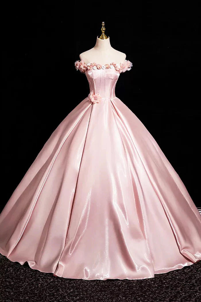 Pink A-Line Off Shoulder Satin Long Formal Prom Dresses, Beautiful A-Line Off The Shoulder Party Dresses Main image