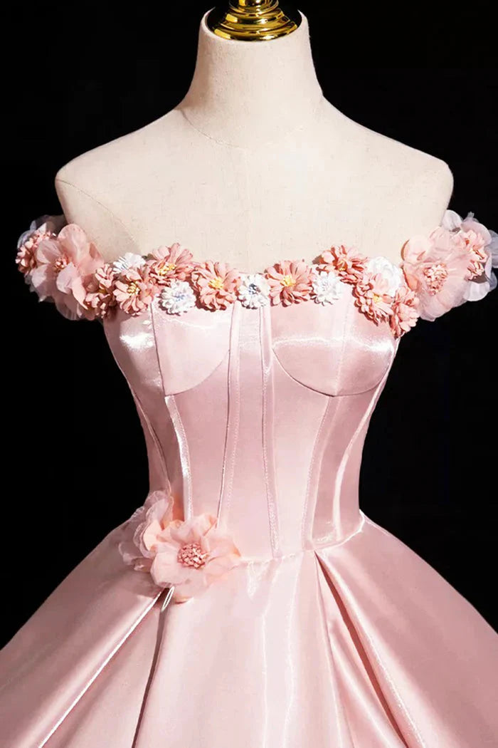Pink A-Line Off Shoulder Satin Long Formal Prom Dresses, Beautiful A-Line Off The Shoulder Party Dresses