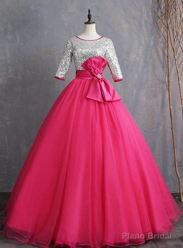 Instead, Opt For a Stylish Fuchsia Ball Gown Tulle Silver Sequins Short Sleeve Quinceanera Dress Main image