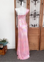 Iridescent Pink Mermaid One-Shoulder 3D Floral Slit Satin Long Formal Prom Dresses