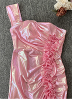 Iridescent Pink Mermaid One-Shoulder 3D Floral Slit Satin Long Formal Prom Dresses