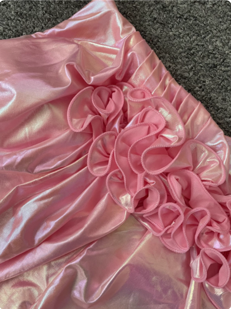 Iridescent Pink Mermaid One-Shoulder 3D Floral Slit Satin Long Formal Prom Dresses