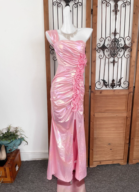 Iridescent Pink Mermaid One-Shoulder 3D Floral Slit Satin Long Formal Prom Dresses