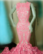 Iridescent Sequins Pink Rosette Mermaid Formal Prom Dresses