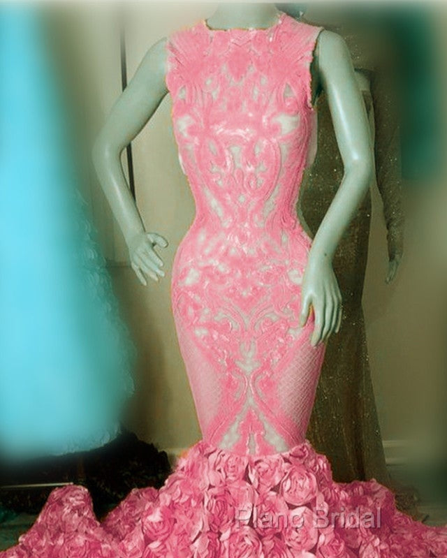 Iridescent Sequins Pink Rosette Mermaid Formal Prom Dresses