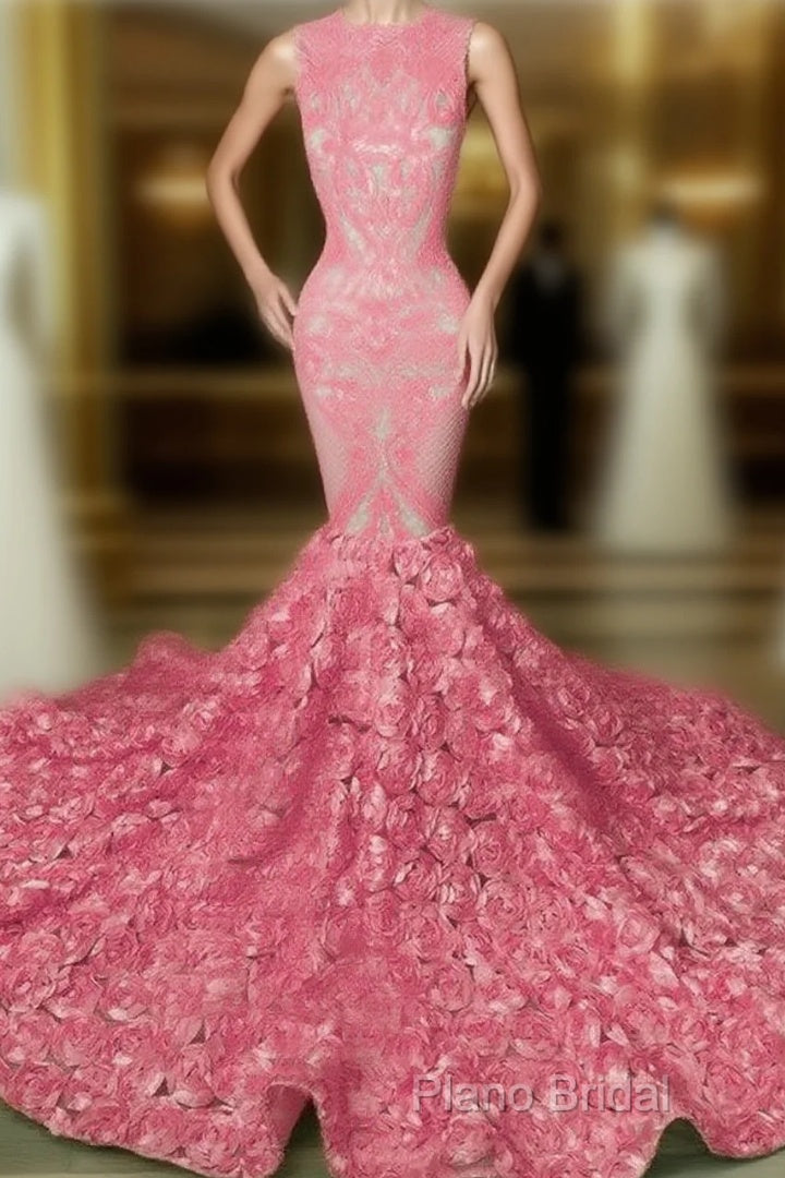 Iridescent Sequins Pink Rosette Mermaid Formal Prom Dresses Main image