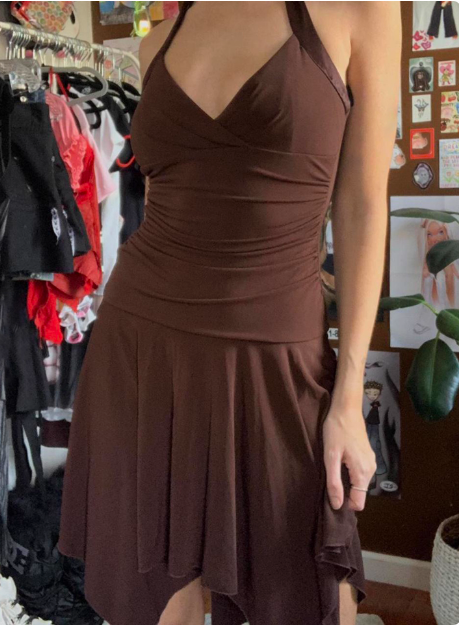 Irregular Halter Neck V-Neck Brown Waisted Birthday Short Skirt Homecoming Dresses