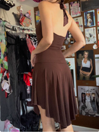 Irregular Halter Neck V-Neck Brown Waisted Birthday Short Skirt Homecoming Dresses