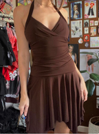 Irregular Halter Neck V-Neck Brown Waisted Birthday Short Skirt Homecoming Dresses