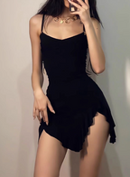 Irregular Slit Black Sling Waist Hip Birthday Short Skirt Homecoming Dresses