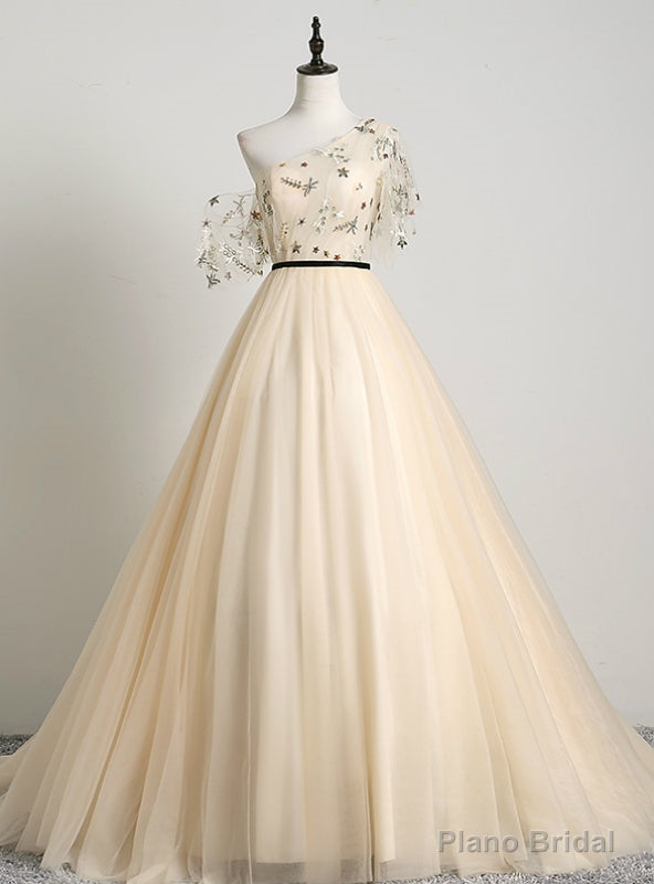 Is a Rite Of Passage Champagne Ball Gown Tulle One Shoulder Sequins Quinceanera Dress