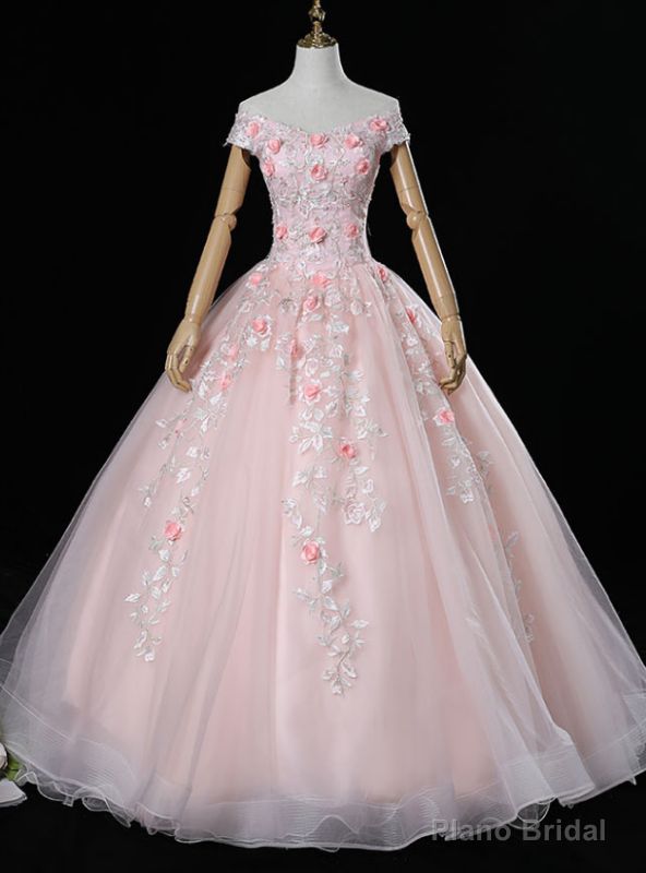 Is a Rite Of Passage Pink Ball Gown Tulle Off the Shoulder 3D Appliques Quinceanera Dresses Main image