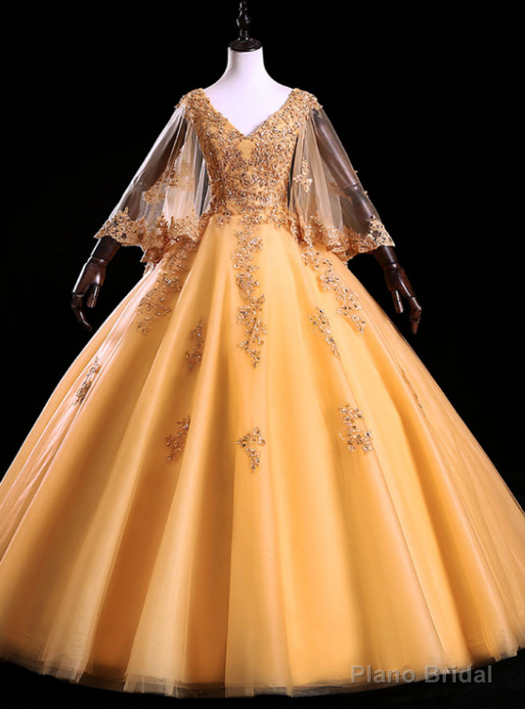 Is Now Available. Gold Ball Gown Tulle Appliques V-neck Long Sleeve Beading Quinceanera Dress Main image