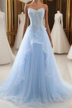 A-Line Sexy Floral Engagement Formal Prom Birthday Dresses Strapless Sleeveless Sweep / Brush Train Lace with Pleats Lace Insert