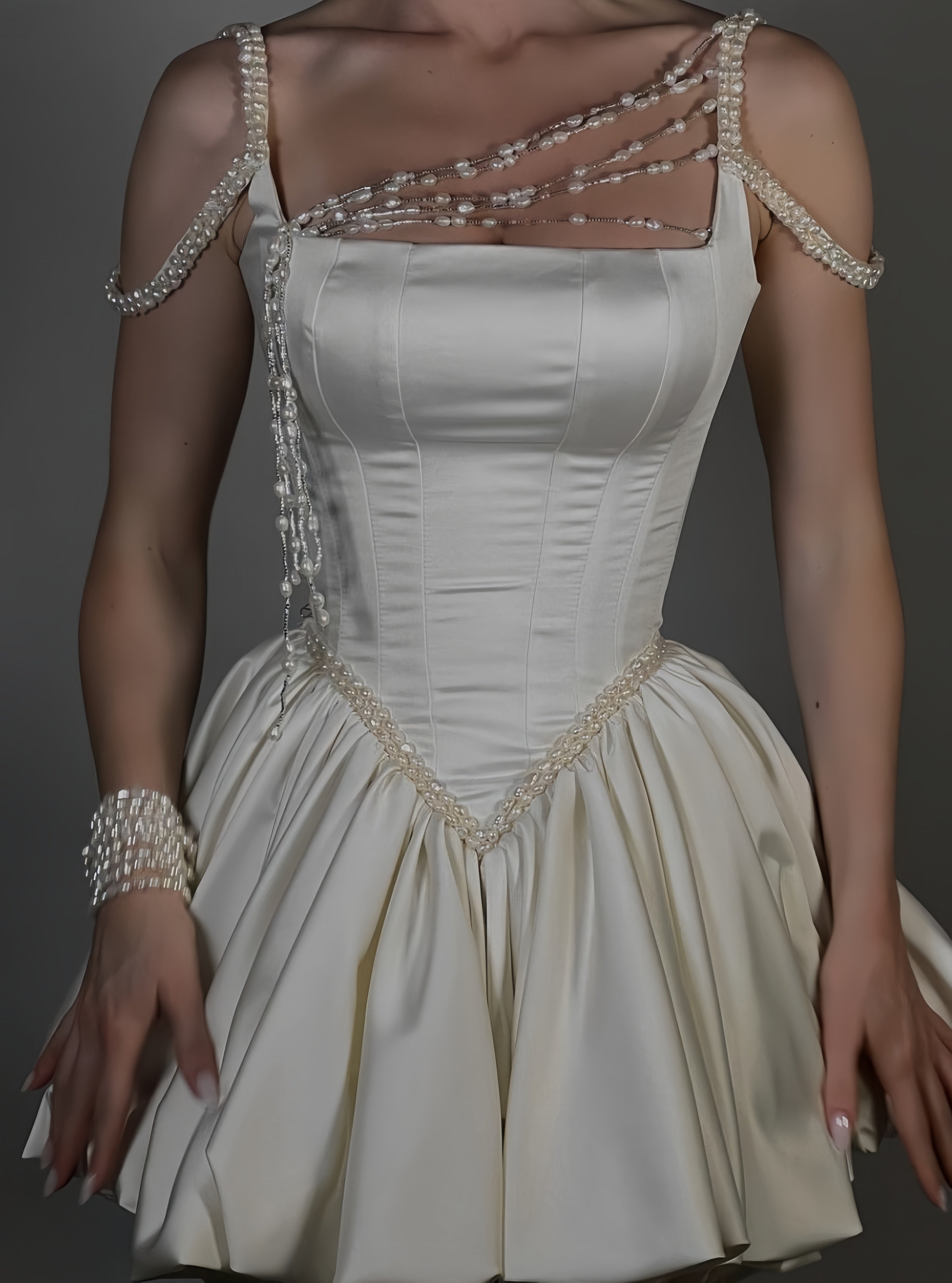 Ivory A-Line Pearl Satin Homecoming Dresses Mini Formal Prom Bridal Dresses, Main image