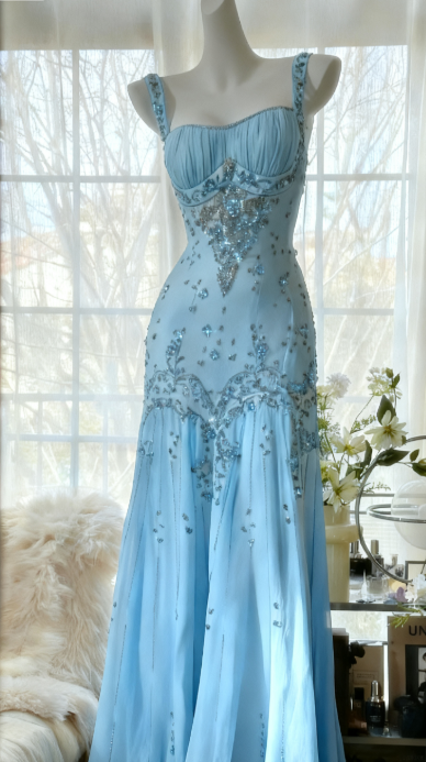 Ivory A Line Straps Beaded Chiffon Long Formal Prom Dresses Graduation Formal Prom Dresses