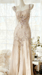 Ivory A Line Straps Beaded Chiffon Long Formal Prom Dresses Graduation Formal Prom Dresses