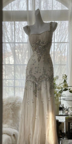Ivory A Line Straps Beaded Chiffon Long Formal Prom Dresses Graduation Formal Prom Dresses