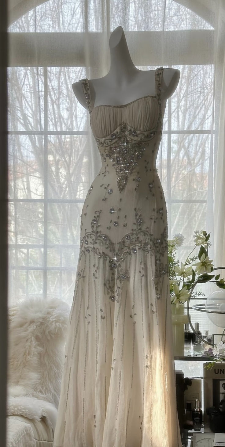 Ivory A Line Straps Beaded Chiffon Long Formal Prom Dresses Graduation Formal Prom Dresses