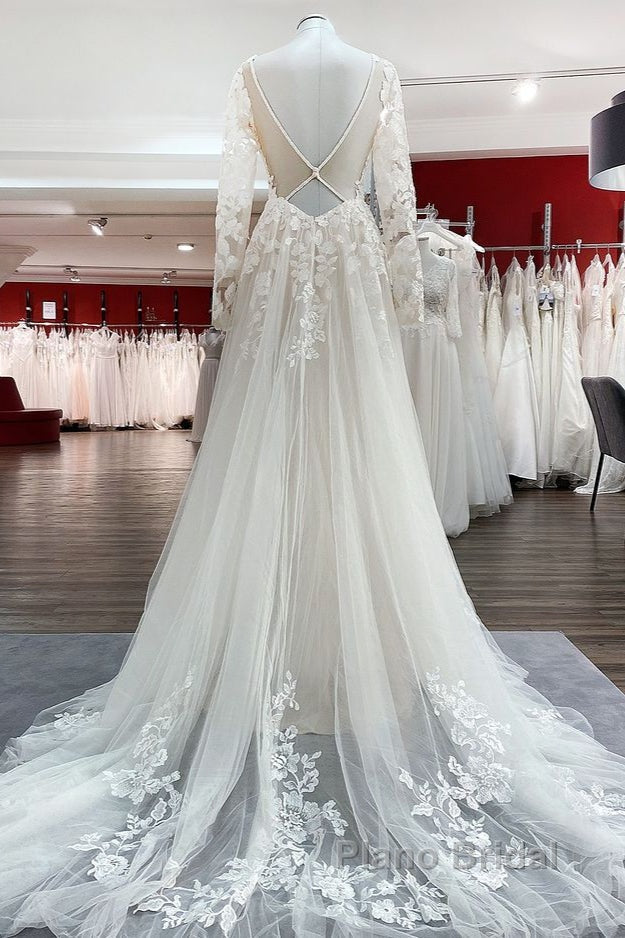 Ivory A-line Tulle Long Sleeves Lace Appliques Open Back Wedding Dresses