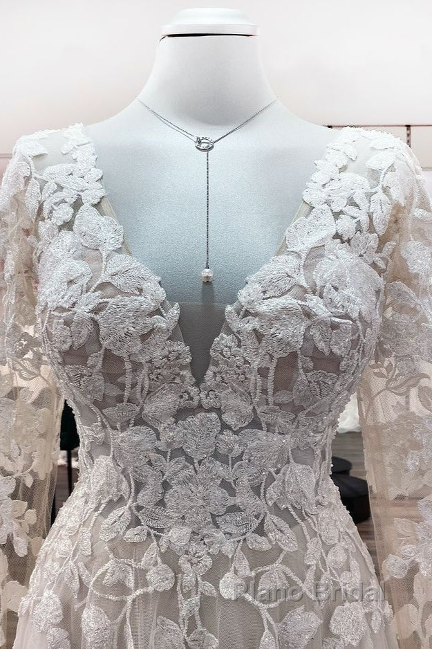 Ivory A-line Tulle Long Sleeves Lace Appliques Open Back Wedding Dresses