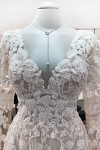 Ivory A-line Tulle Long Sleeves Lace Appliques Open Back Wedding Dresses