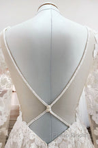 Ivory A-line Tulle Long Sleeves Lace Appliques Open Back Wedding Dresses
