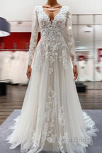 Ivory A-line Tulle Long Sleeves Lace Appliques Open Back Wedding Dresses